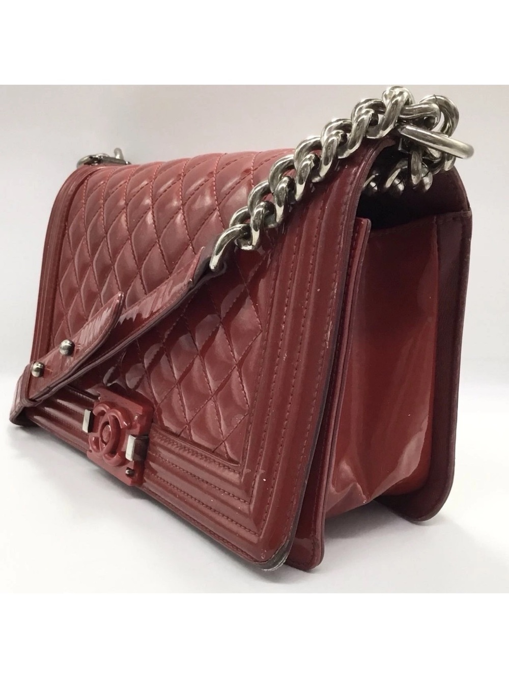 CHANEL Quilted Patent Leather Boy Flap Shoulder Bag in Deep Red - Picture 4 of 17